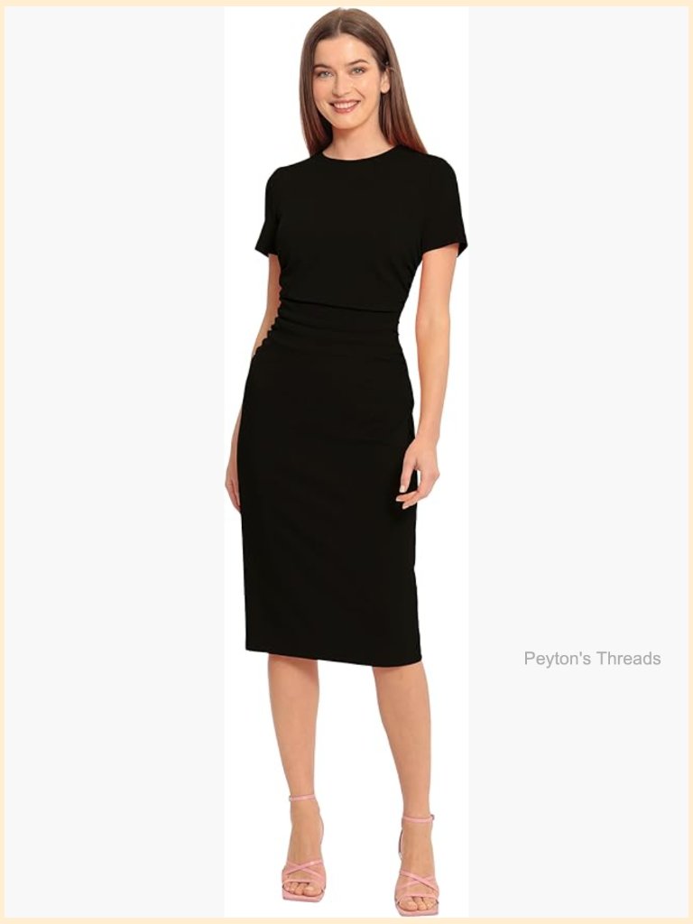 Ruched Waist Crepe Sheath Dress With Jewel Neck Short Sleeves Workwear